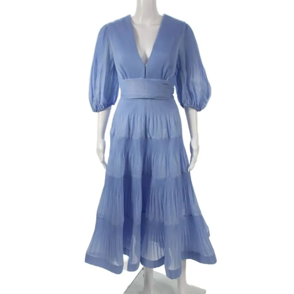 Zimmermann Womens Tiered Blue Mid-Calf V-Neck 3/4 Sleeve Dress Size 4